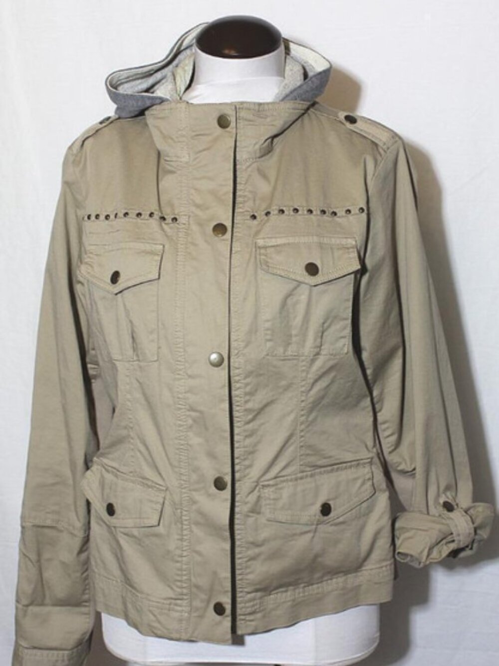 Beige Utility Jacket Roll up Sleeves Removable Hood Women's Large